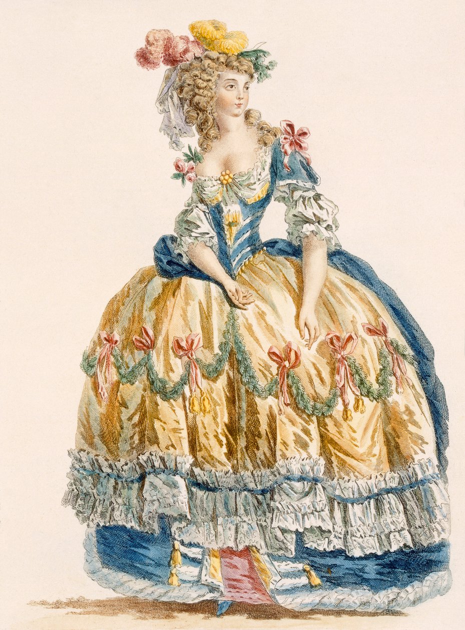 「Galeries des Modes et Costumes Francais」c.1778-87からDupinによって刻まれた女性の精巧なボールガウン 作： オーギュスタン・ド・サン・トーバン