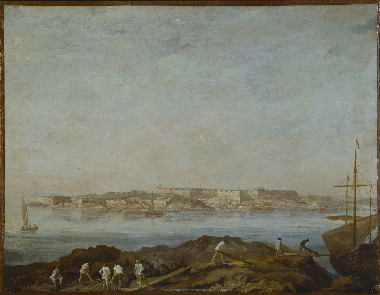 Vue de Sveaborg (ou Suomenlinna, Viapori) (フィンランド) - Sveaborg の眺め、Ehrensvard、Augustin (1710-1772) 作。 キャンバスに油彩。 寸法: 54x69.5cm。 ストックホルム国立博物館 作： オーガスティン・エーレンバード