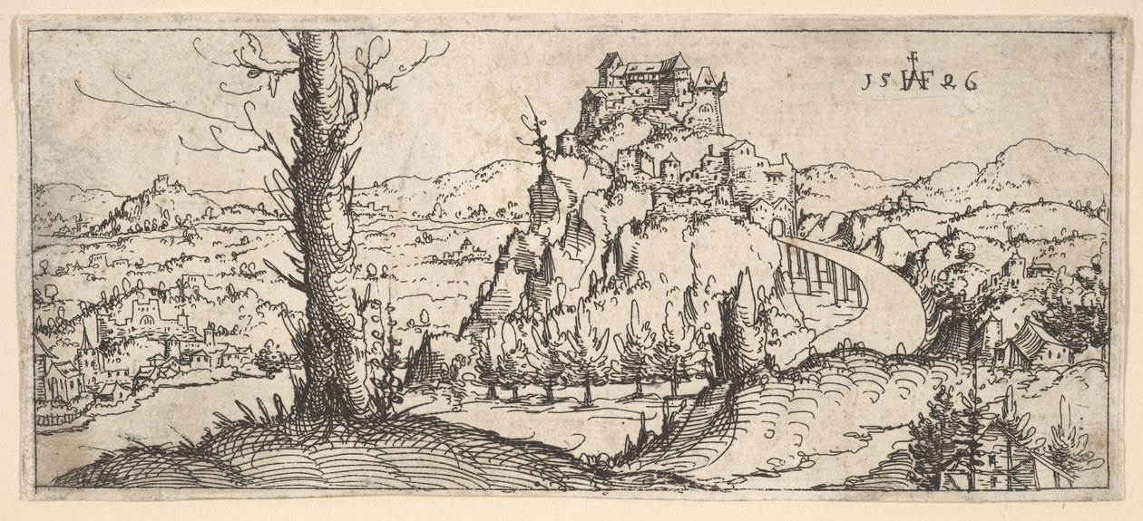 高い岩と要塞のある風景、1546年。 作： オーガスティン・ヒルシュフォーゲル