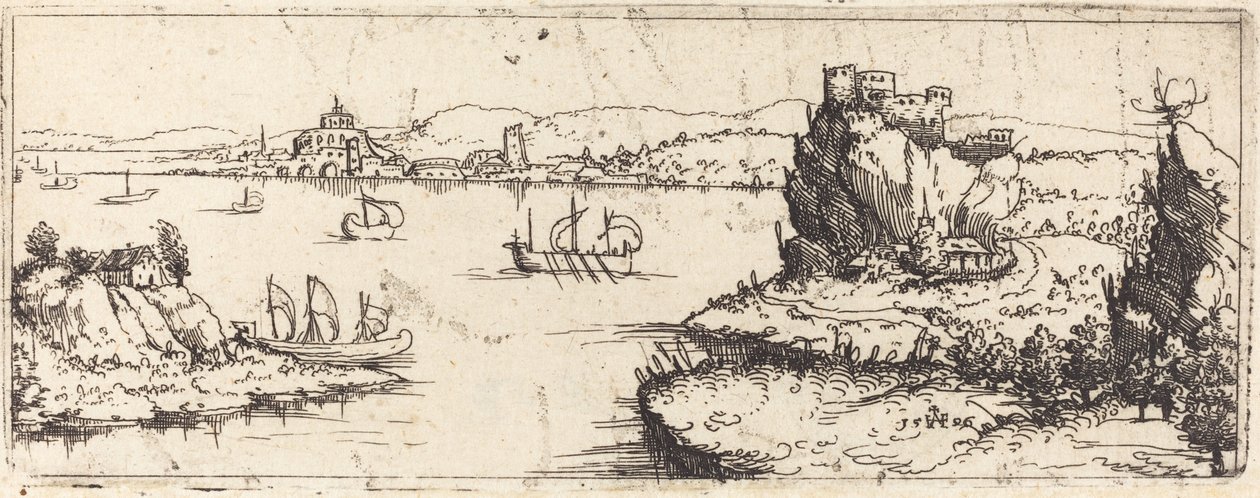 帆船のある風景[底板]、1546年。 作： オーガスティン・ヒルシュフォーゲル