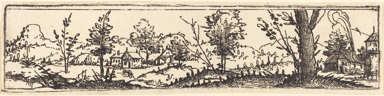 6 本の木と 3 つの小さな農家のある風景。 作： オーガスティン・ヒルシュフォーゲル