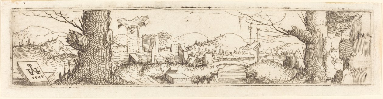 小川と遺跡のある風景、1545年。 作： オーガスティン・ヒルシュフォーゲル