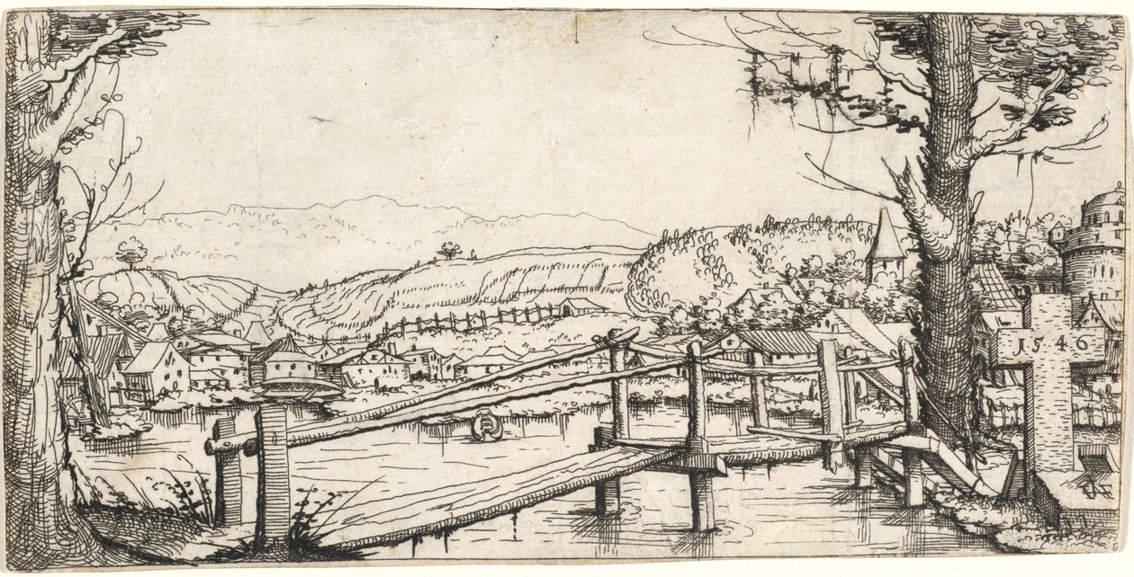 歩道橋のある川の風景、1546年。 作： オーガスティン・ヒルシュフォーゲル