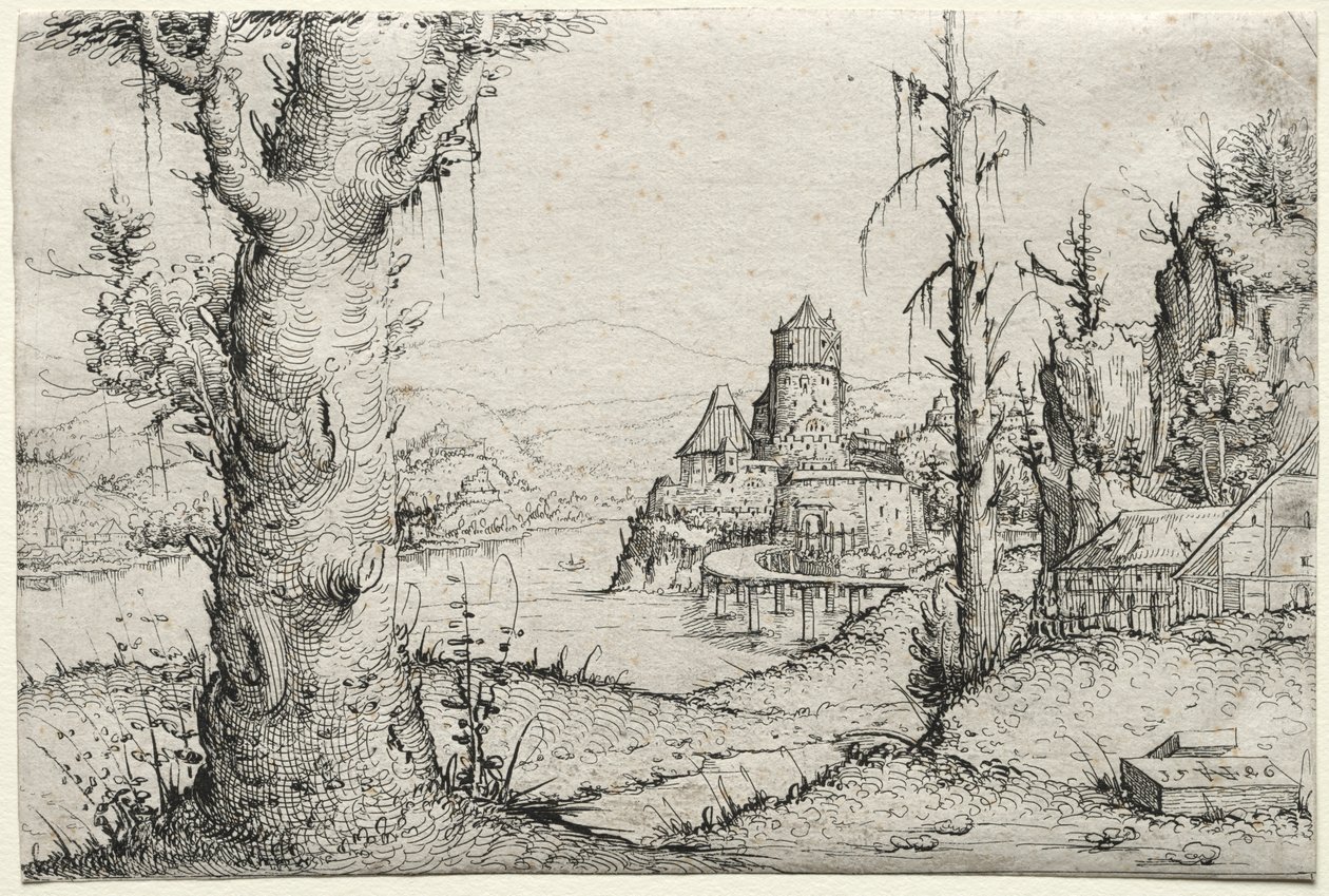 左に大きな木がある川の風景、1546年。 作： オーガスティン・ヒルシュフォーゲル