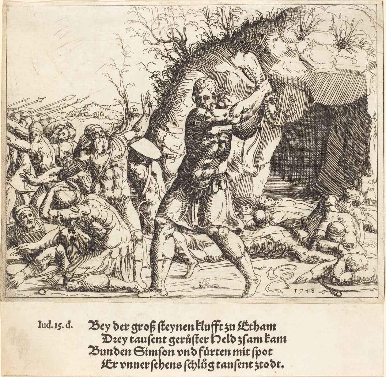 ペリシテ人を殺すサムソン、1548 年。 作： オーガスティン・ヒルシュフォーゲル