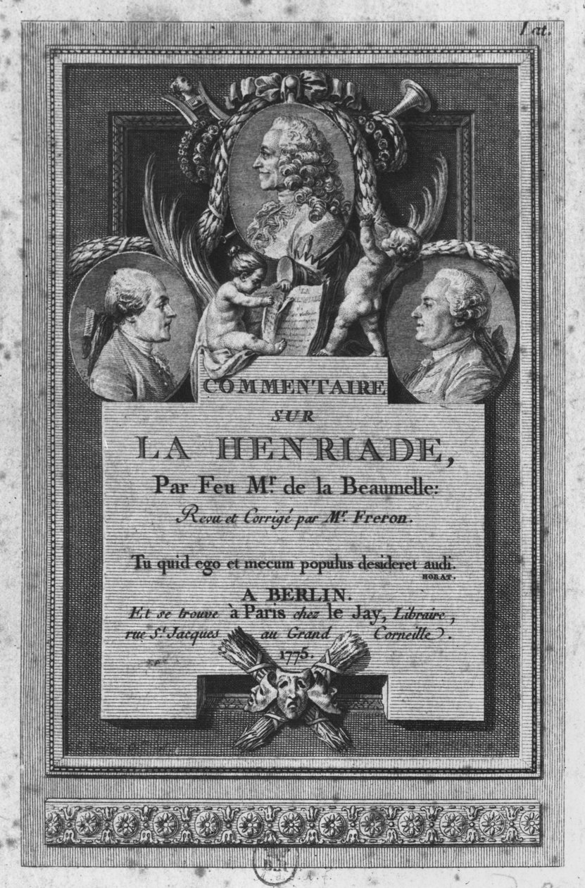 1775年にベルリンとパリで出版された、フレロンによって改訂および更新された、ヴォルテールによる「ラアンリエード」のデラボーメルによる解説の口絵 作： オーギュスタン・ド・サン・トーバン