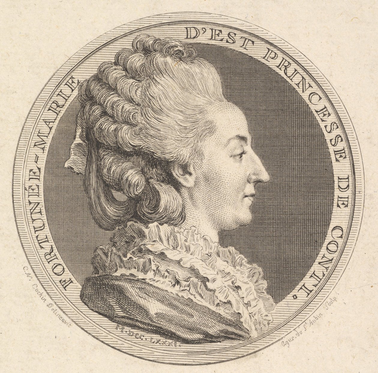 フォルトゥネマリーデストの肖像画メダルのプリント、コンティ王女、1781年。 作： オーギュスタン・ド・サン・トーバン