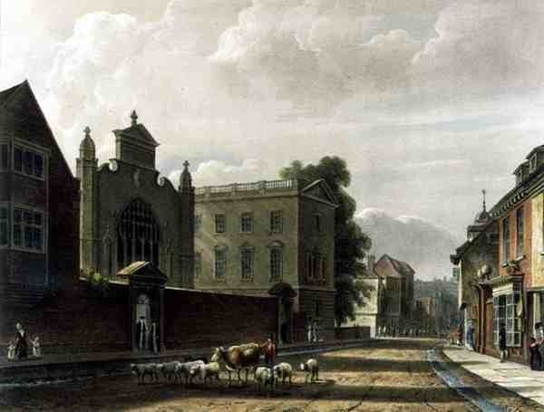 ケンブリッジのセント・ピーターズ・カレッジ（ピーターハウス）の外観（「The History of Cambridge」より）、Joseph Constantine Stadler（fl.1780-1812）の彫刻、R. Ackermannの出版物 作： アウグストゥスチャールズ（後）プーギン
