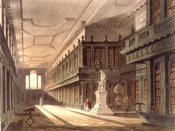 オール・ソウルズ・カレッジの図書館の内部、J. Bluck (fl.1791-1831) が彫った「History of Oxford」のイラスト、R. Ackermannが出版したもの。 作： アウグストゥスチャールズ（後）プーギン