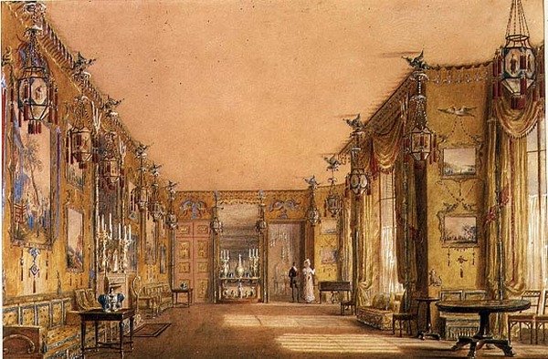 ブライトン・パビリオンの黄色い応接室の内部 1820年頃 （水彩・グワッシュ・紙 作： オーガスタス・チャールズ・プギン
