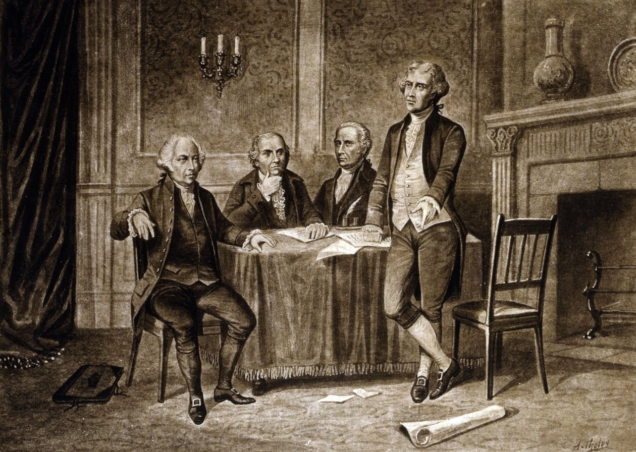 1775年大陸議会の指導者たち：ジョン・アダムズ、ロバート・モリス、アレクサンダー・ハミルトン、トーマス・ジェファーソン、オーガスタス・ソーリー作画（1894年） 作： オーガスタス・ソレイ