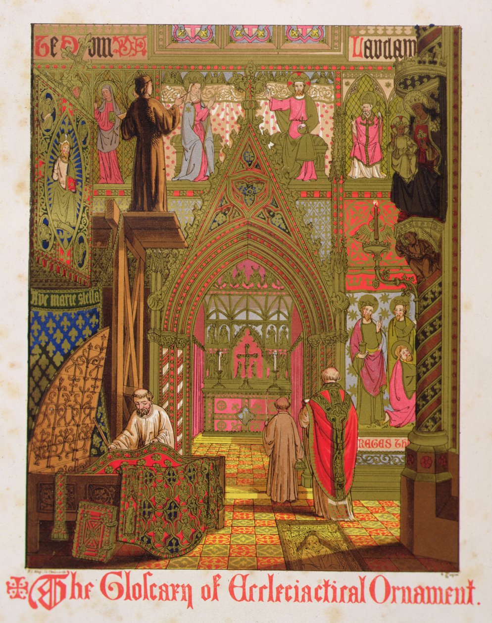 タペストリー、ハンギング、祭壇布、「The Glossary of Ecclesiastical Ornament and Costume」より、H.C. Maguireのリトグラフ。 作： オーガスタスウェルビーノースモア（後）プーギン