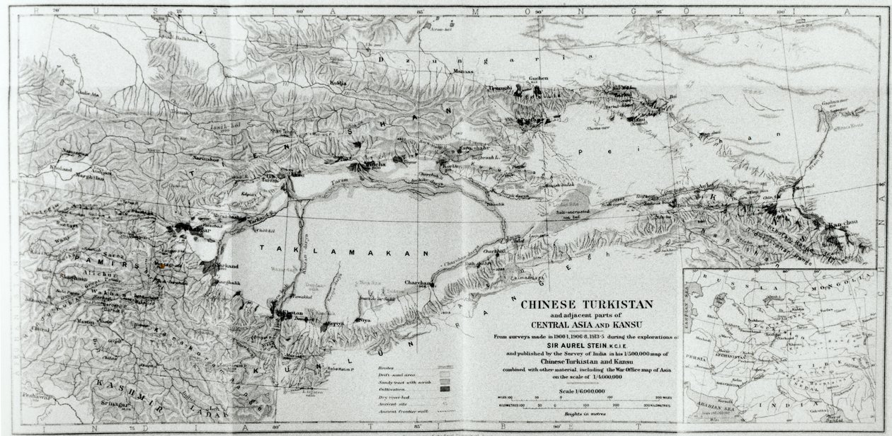 スタインの「古代中央アジアの軌跡について」からの中国のトルキスタンの地図、1933年公開 作： オーレル・スタイン
