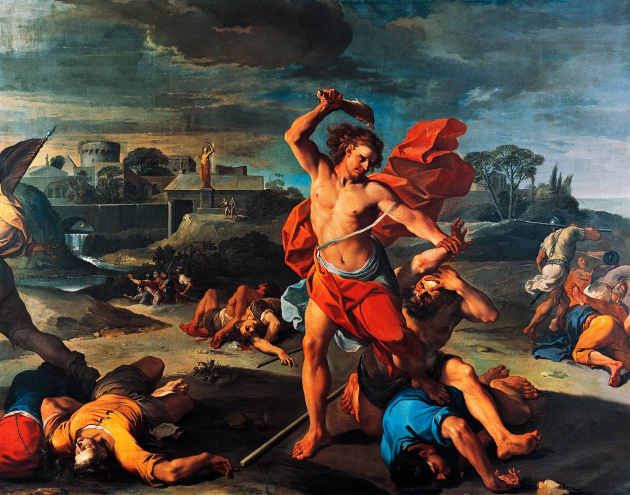 ペリシテ人を殺すサムソン」アウレリアーノ・ミッラーニ（1675-1749）の絵画、油彩・キャンバス、225x290cm、イタリア