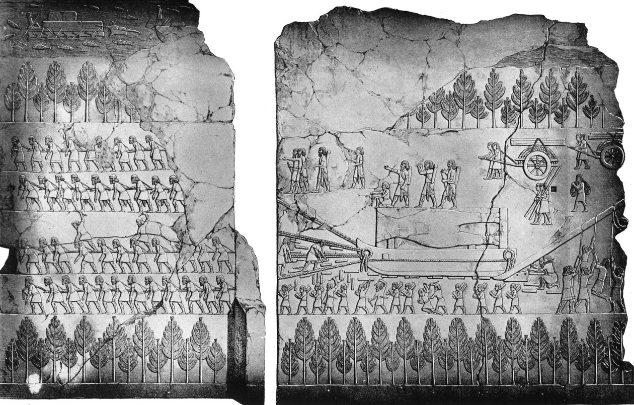 アッシリア人が翼のある雄牛を動かす、紀元前7世紀、紀元前1900〜1920年。 作： オースティン・ヘンリー・ラヤード