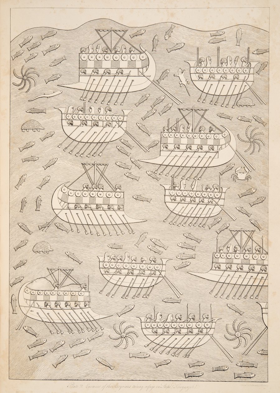 ニネベの記念碑、パブから船（コユンリク）に避難するアッシリア人の敵。 1849 作： オースティン・ヘンリー・ラヤード