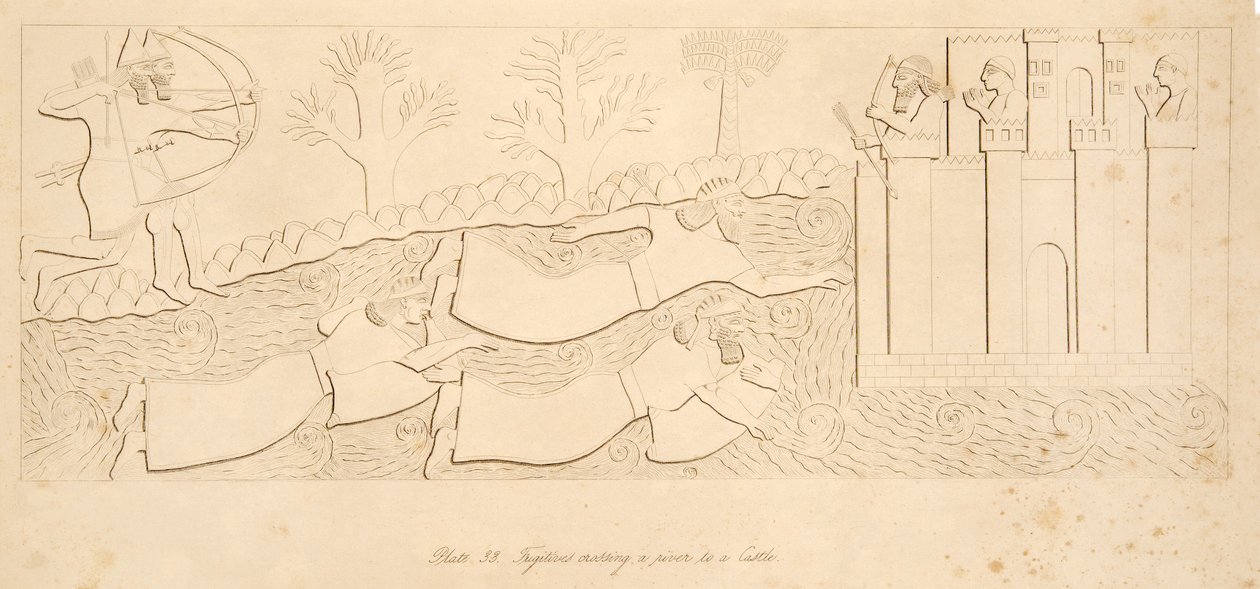 パブ、ニネベのモニュメントから、川を渡って城へ向かう逃亡者。 1849 作： オースティン・ヘンリー・ラヤード