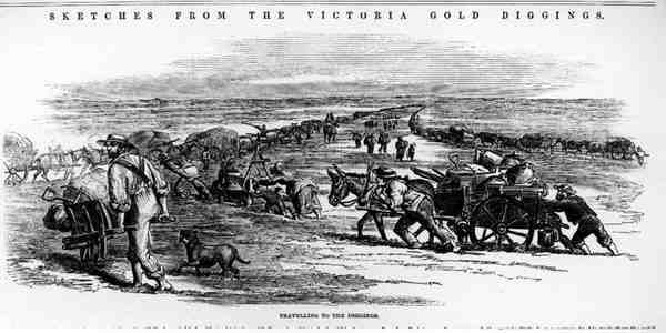 Victoria Gold Diggings（ペンとインク）のスケッチから、Diggingsへの旅 作： オーストラリアの学校