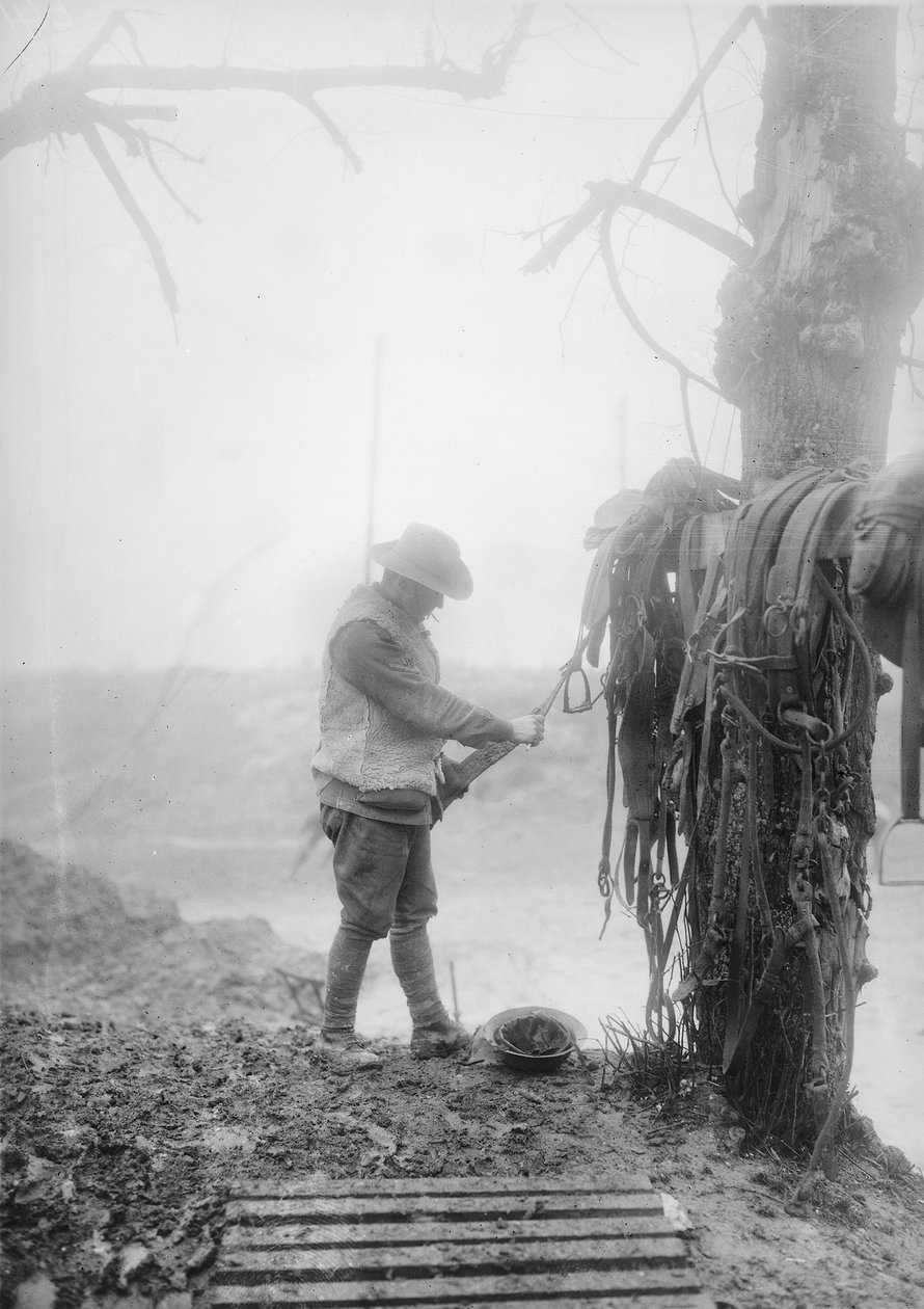 1916年12月、マメッツ近郊のビレットのチームハーネスから泥を掃除しているオーストラリアの正体不明の大砲ドライバー 作： オーストラリアの写真家