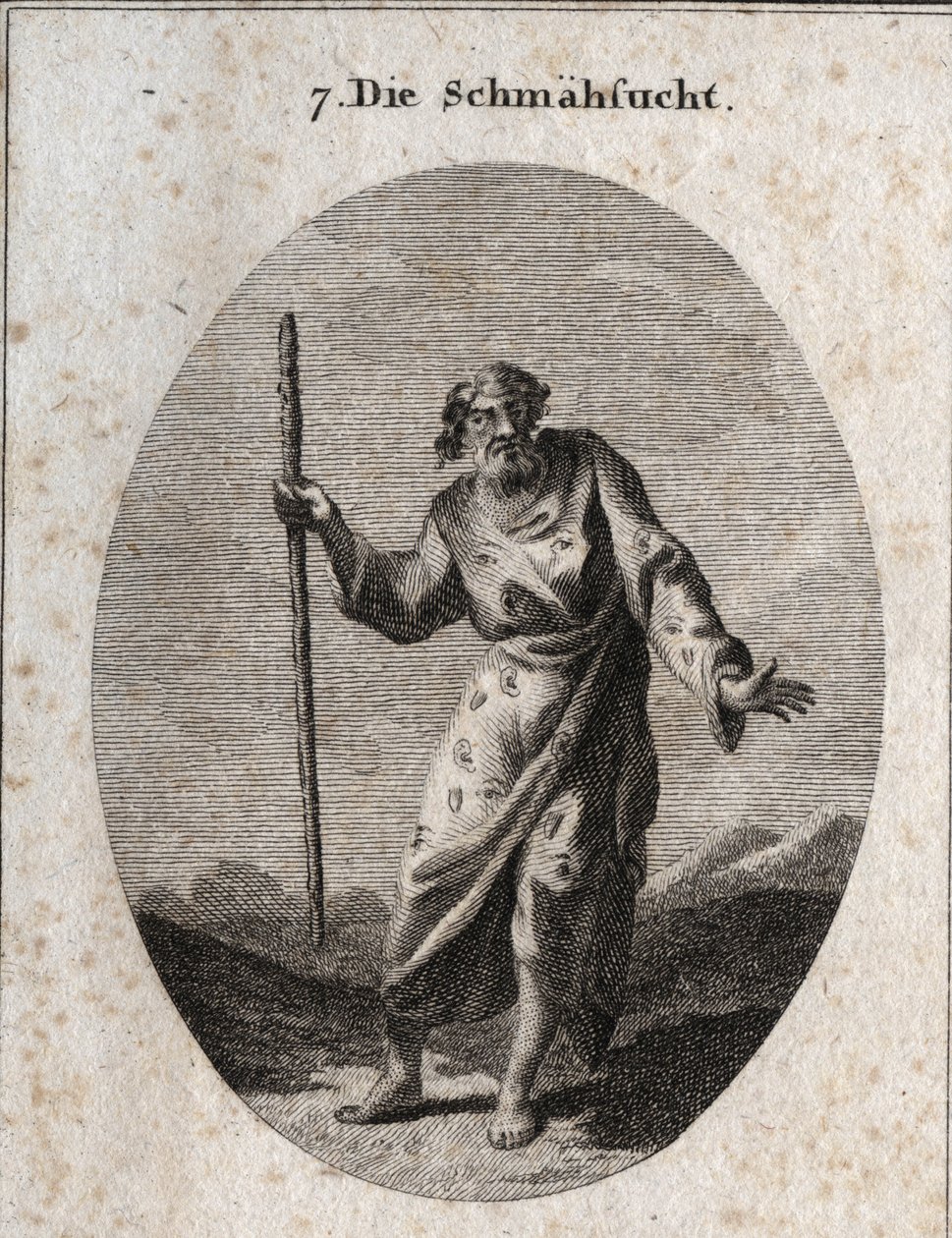 Allegorie des Tadels, dargestellt durch Momus, den Gott der Satire und Rüge, als alten Mann, der spricht und die Erde schlägt. Seine Kleidung ist mit Ohren, Augen und Zungen übersät. Gravur in "Iconologie oder Ideen aus dem Gebiete der Leidenschaften und A von Austrian School