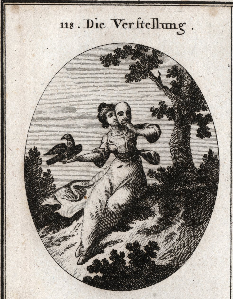 Allegorie der Verstellung. Sie bedeckt ihr Gesicht mit einer Maske, dem Emblem des Falschen. Ihr Attribut ist eine Elster, sowohl weiß als auch schwarz, und ihre Liebkosungen sind mit Schnäbeln vermischt. Gravur in „Iconologie oder Ideen aus dem Gebiete de von Austrian School