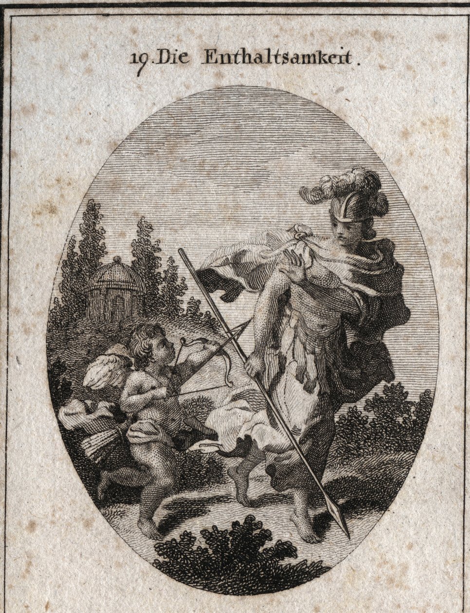 Allegorie der Enthaltsamkeit, heroische Tugend dargestellt als Kriegerin mit Helm und Speer, der zur Erde gerichtet ist. Sie vermeidet es, Leidenschaften (dargestellt durch die Liebe) zu bekämpfen und verteidigt sich gegen deren Reize, um ihre Keuschheit z von Austrian School