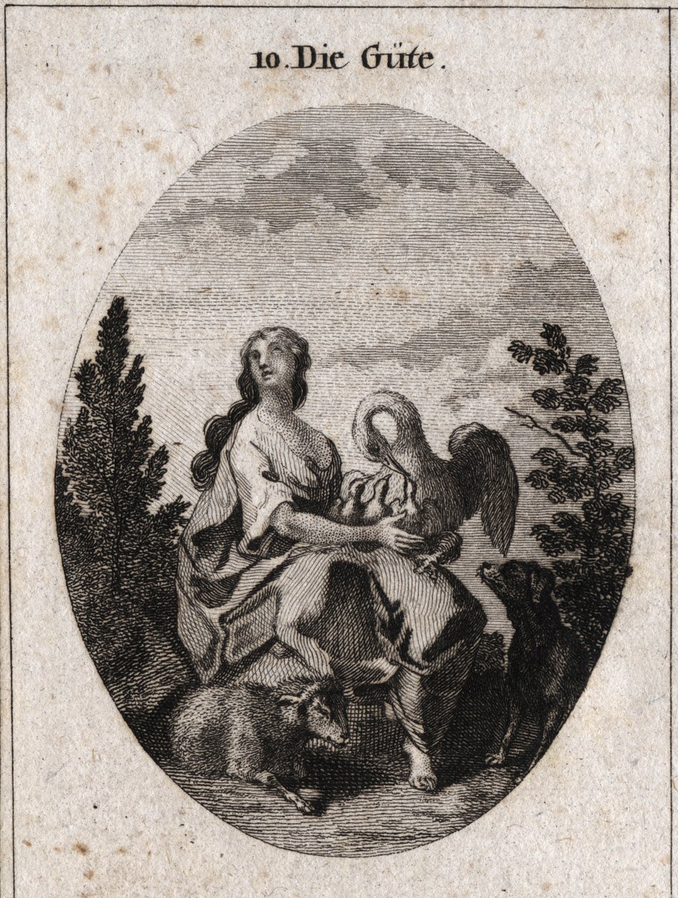Allegorie der Güte, dargestellt durch eine edle und üppige Schönheit, die mit Liebe zum Himmel schaut. Der Pelikan symbolisiert Nächstenliebe, der Hund Treue und das Lamm Sanftmut. Gravur in „Iconologie oder Ideen aus dem Gebiete der Leidenschaften und All von Austrian School