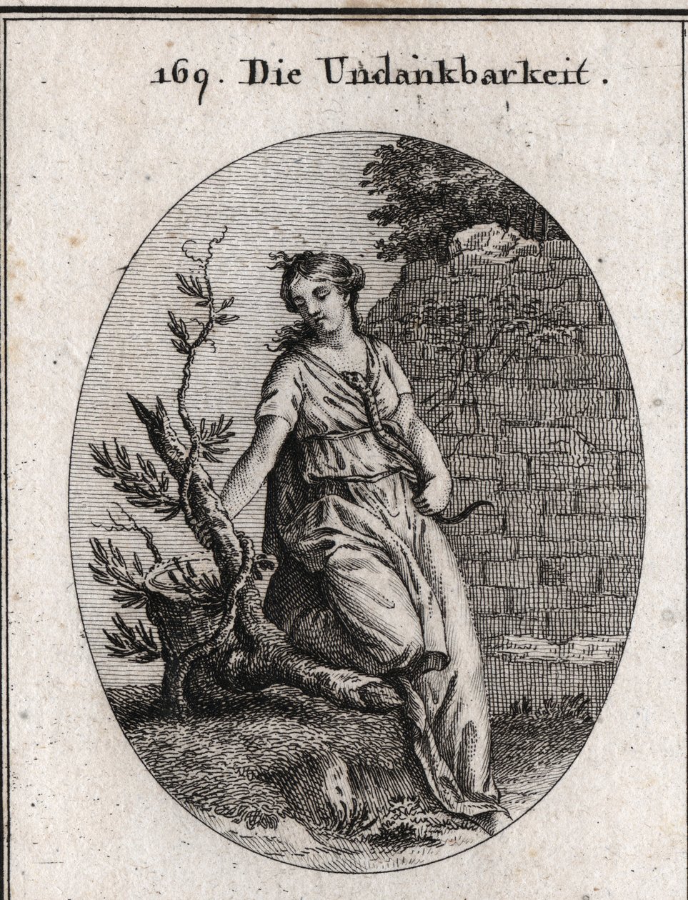 忘恩の寓意。蛇を胸で温めた女性は噛まれる。蔦の枝は、上昇するための支えとなる自分自身を破壊することから、忘恩の象徴とされている。イコノロジー・オダー・ユア・ディメンテ・デル・レイデンシャフテン・アンド・カンパニー」に掲載された図版 作： オーストリア学派