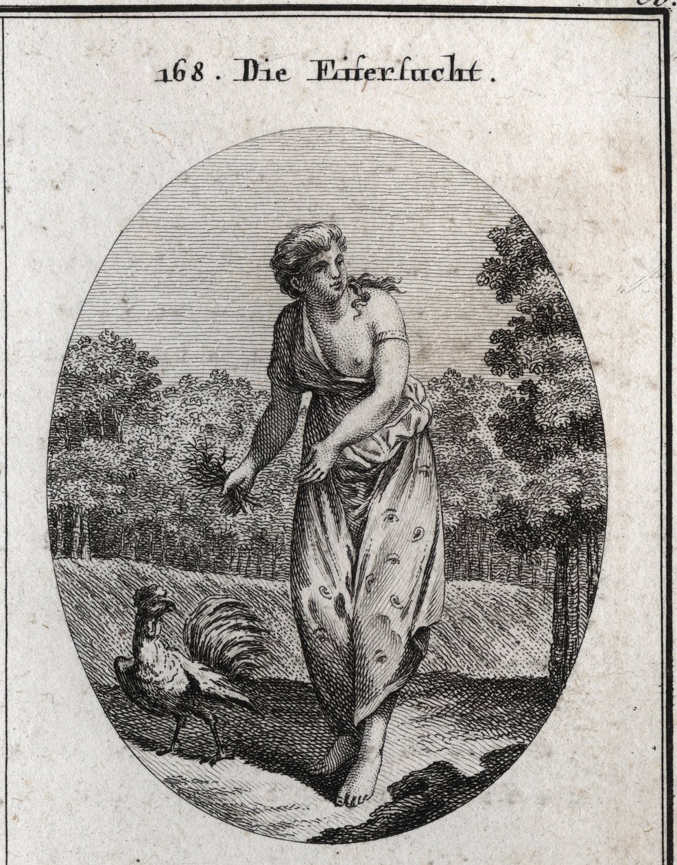 嫉妬の寓意 片方の耳を伸ばし、もう片方の耳で何が起こるかを見る。彼女のドレスには目と耳が点在しており、彼女が持つ茨の花束は彼女の苦悩が自発的なものであることを示しています。嫉妬深く警戒心の強い雄鶏は彼のシンボルである。エングレービング 作： オーストリア学派