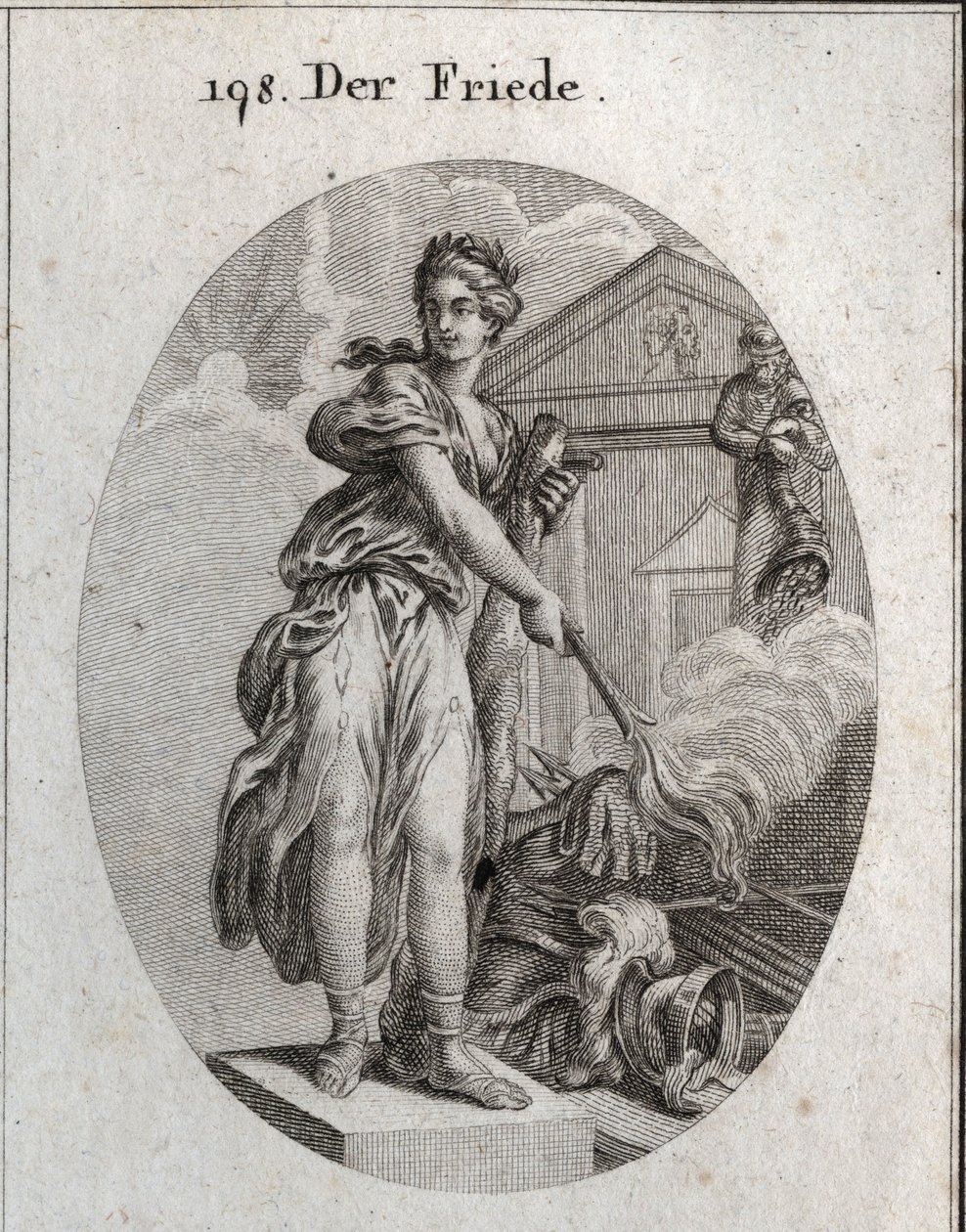平和のアレゴリー。オリーブの木の花輪をかぶり、棍棒を持ち、松明で武器のトロフィーを燃やしています。背後にあるプルトゥスの像は、神への崇拝と富がその恩恵であることを意味しています。イコノロジー・オダー・イデア・アウト・ディ・ゲバテ」の版画 作： オーストリア学派