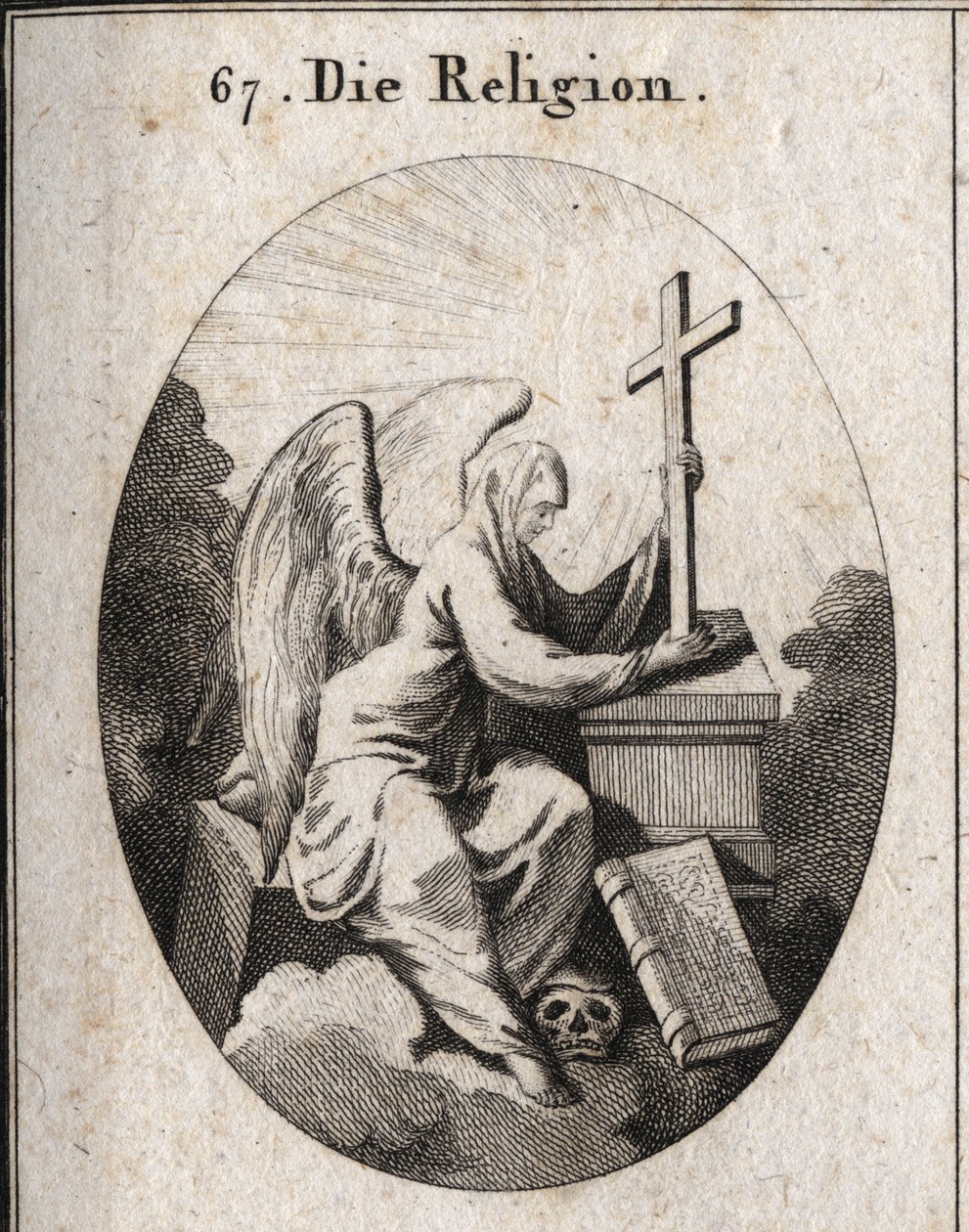 Allegorie der Religion. Ein weißer Schleier bedeckt ihren Kopf, um anzuzeigen, dass Geheimnisse undurchdringlich sind. Sie sitzt auf einem Eckstein und hält ein strahlendes Kreuz auf einem Altar, an dessen Fuß das Buch der 4 Evangelien liegt. Ihr Fuß auf d von Austrian School