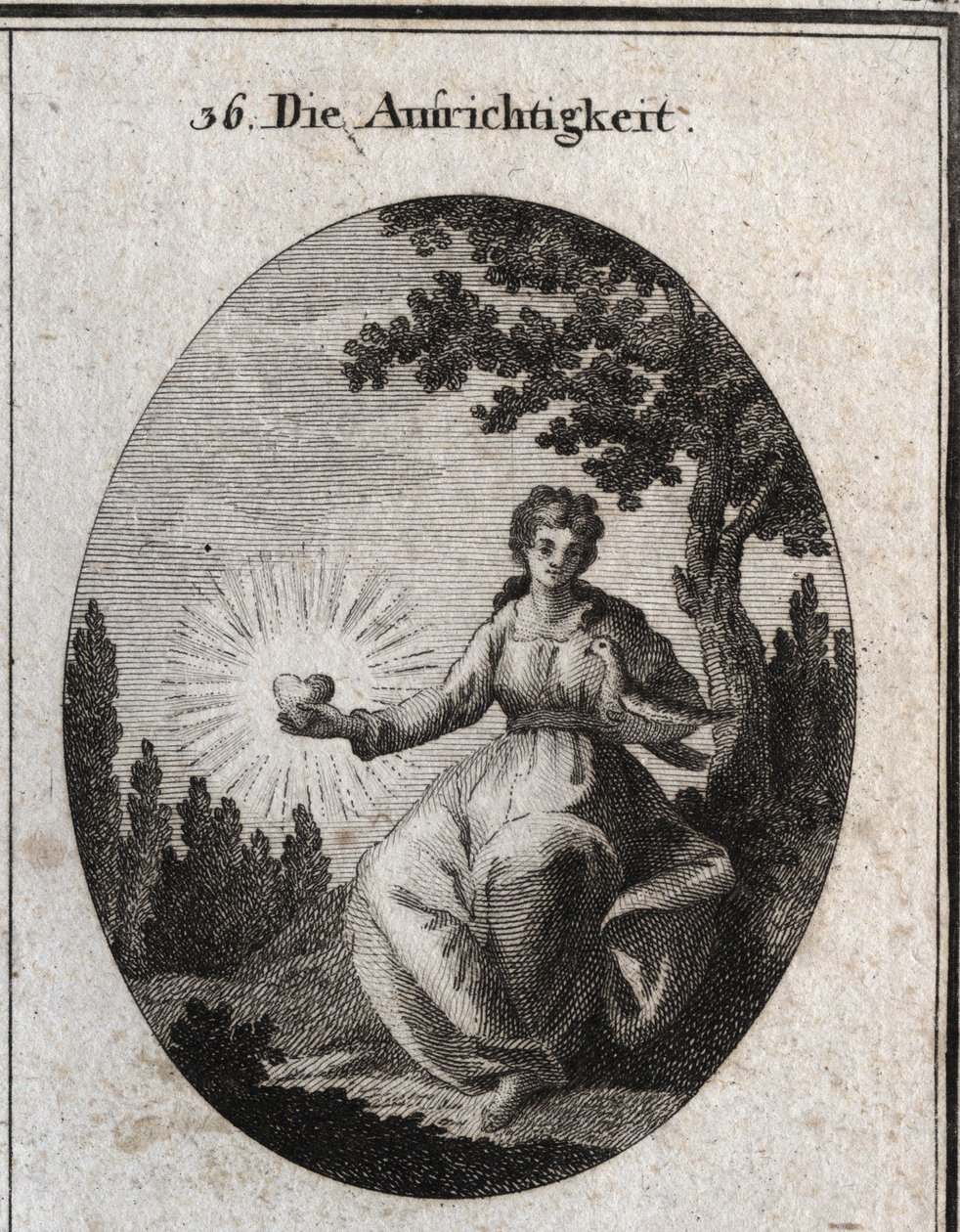鳩を胸に抱き、輝く心を表現した真心のアレゴリー。Iconologie oder Ideen aus dem Gebiet der Leidenschaften and Allegorien bildich dargestellt for Zeichner, Mahler, Dichter, Gelehrte, Erzieher and freunde」に掲載されたエングレーヴィング。 作： オーストリア学派
