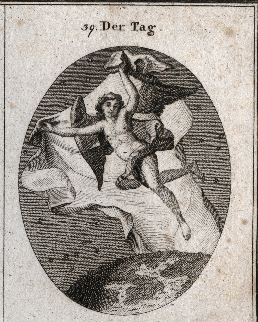昼は素早く飛び、夜と星は明るい大きなベールで隠すという寓意。Iconologie oder Ideen aus dem Gebiet der Leidenschaften and Allegorien bildich dargestellt for Zeichner, Mahler, Dichter, Gelehrte, Erzieher u "に掲載されているエングレーヴィング。 作： オーストリア学派