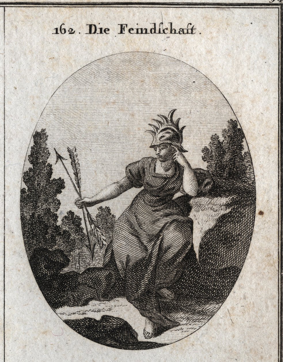 鉄の先端 で縁取られたヘルメットをかぶったイニミテの寓意。彼女のドレスには炎が散りばめられている。彼女が反対側に持っている2本の矢は、矛盾の代名詞です。イコノロジー・オダー・イデア・アウト・ミット・デル・レイデンシャフテン・アンド・アレゴリー」の図版