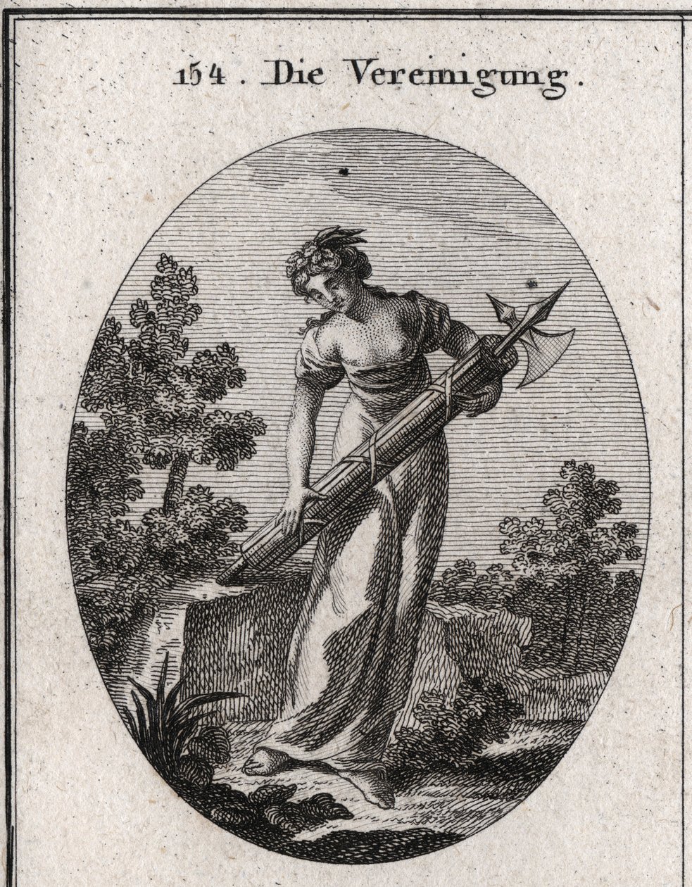 平和の象徴であるオリーブの木を冠にして、前進を表す歓びを表現しています。固く結ばれた棒の束の上を曲がることなく流れ、強さと結合のイメージを表しています。イコノロジー・オダー・オーズ・ディム・デム・レイデンシャフ」に掲載された版画 作： オーストリア学派