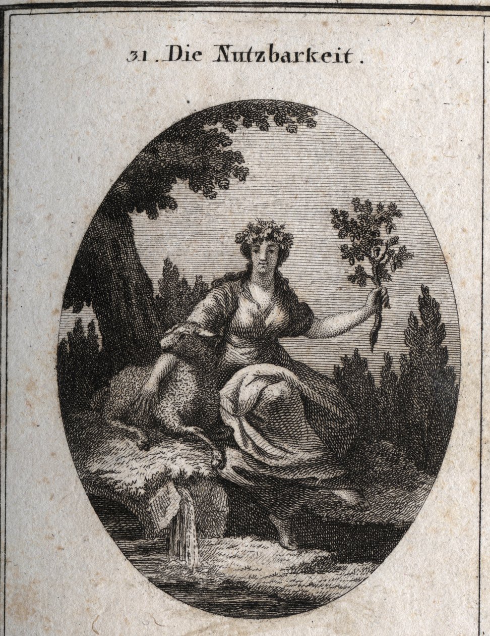 実用性のアレゴリー。羊の上でブドウとアプイを冠した彼女は、果実と葉で満たされたオークの枝を手にしていますが、これは彼女が座っている泉の水のように、生活に役立つものを象徴しています。イコノロジー・オダー・イデア・アウト・ディ・デル・ゲバ」の版画 作： オーストリア学派