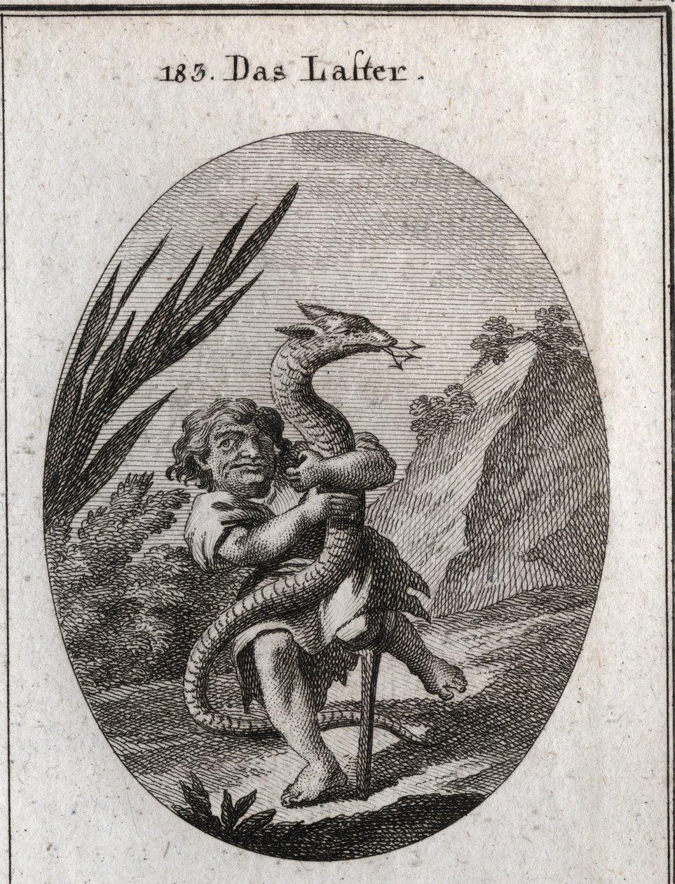 小人がヒドラを絞ることで表現される悪徳の寓意。Iconologie oder Ideen aus dem Gebiet der Leidenschaften und Allegorien bildich dargestellt for Zeichner, Mahler, Dichter, Gelehrte, Erzieher und freunde Hoherer Geschmacksbildung "に掲載されたエングレーヴィング。 作： オーストリア学派
