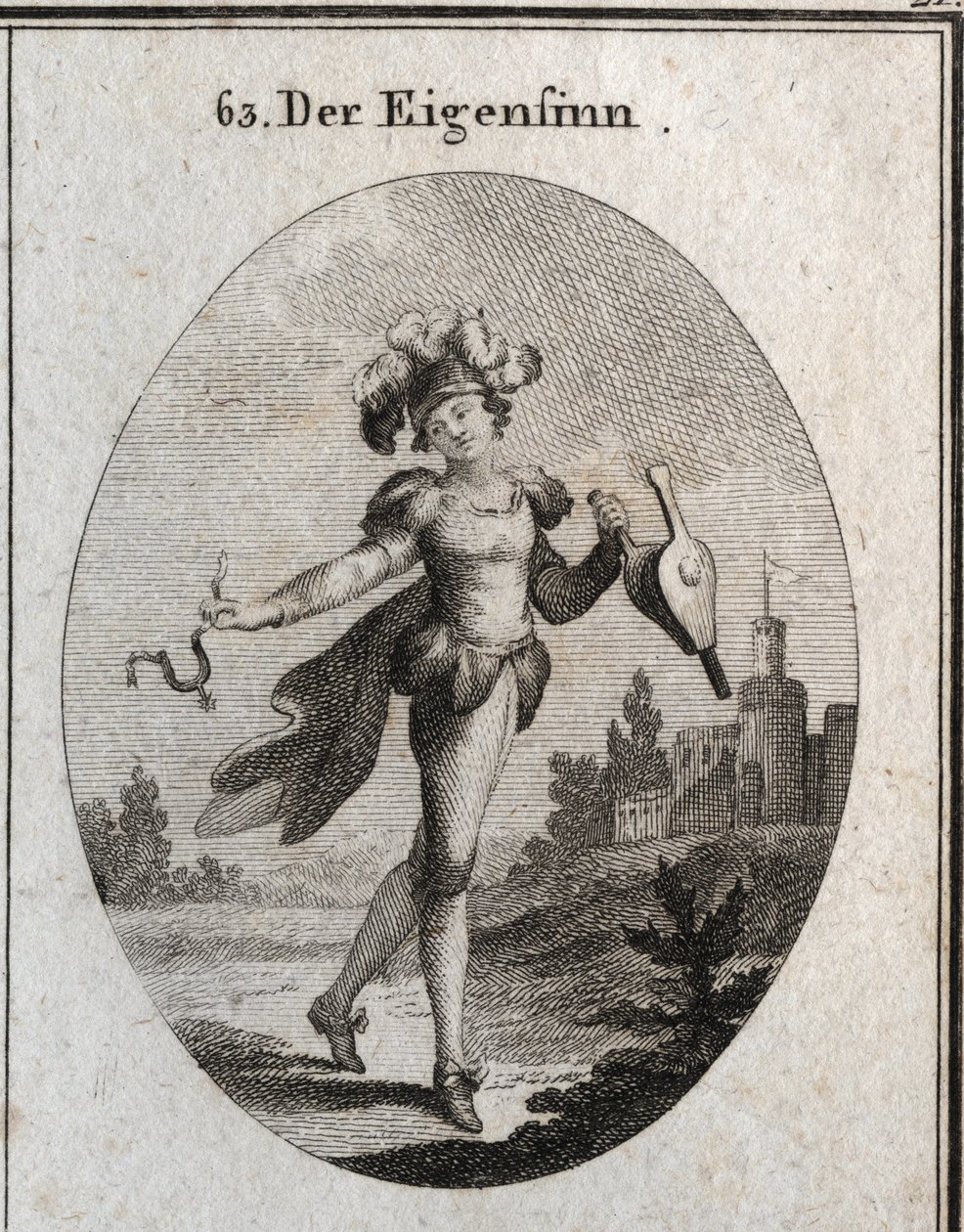 気まぐれのアレゴリー。彼の衣装と羽毛は、気まぐれな人の気まぐれの不規則さを表している。彼が持っているふいごと拍車は、美徳と悪徳の両方を無頓着に称賛していることを示している。イコノロジー・オダー・イデア・ユア・ディム・デム・ライデンシャフテ」の図版 作： オーストリア学派