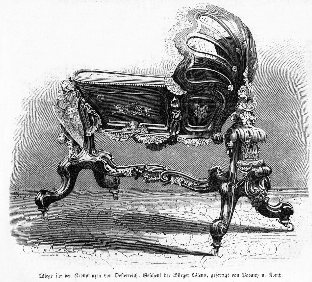 オーストリア皇太子のベビーベッド、ライプツィガーイルストリルツァイトゥングのイラスト、1859年（木製彫刻） 作： オーストリア学派