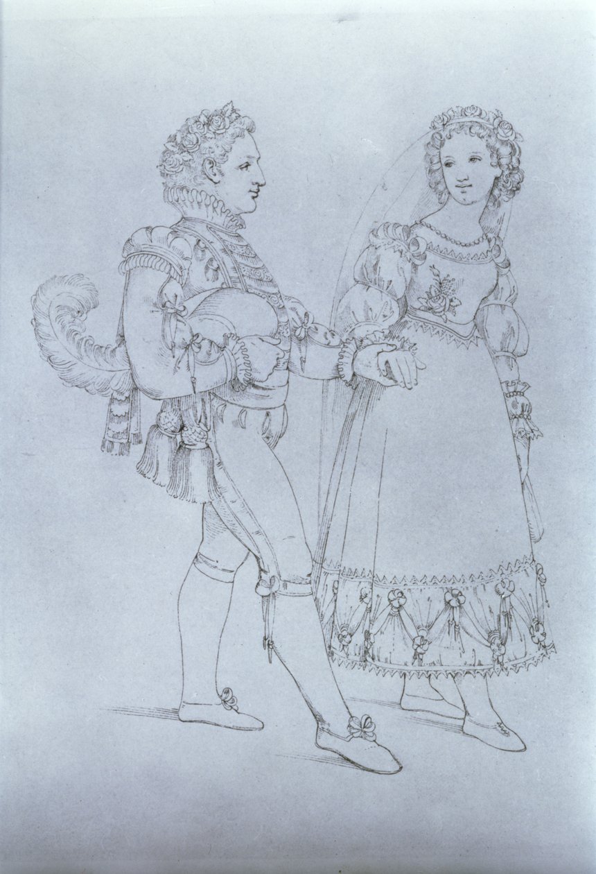 オペラ「フィガロの結婚」のヴォルフガング・アマデウス・モーツァルト（1756-91）によるフィガロとスザンナの衣装デザイン（彫刻） 作： オーストリア学派