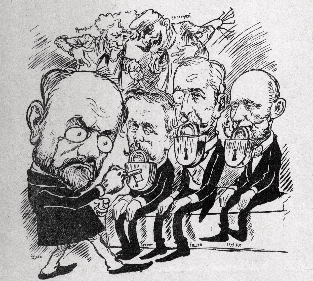エミール・ゾラは、ジャン・カシミール・ペリエ（1847-1907）、フェリックス・フォール（1841-1899）、ジュール・メリーヌ（1838-1925）の3人の大統領の口を塞ぐ鍵を開けようとしているが、その背後では、アンリ・ロシュフォール（1831-1913）がコムに 作： オーストリア学派