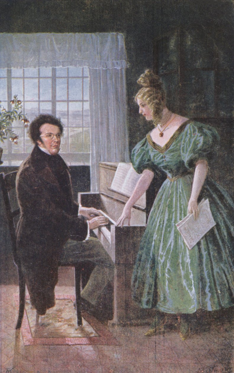 ピアノを弾くフランツ・ピーター・シューベルト（1797-1828）、はがきc.1910 作： オーストリア学派