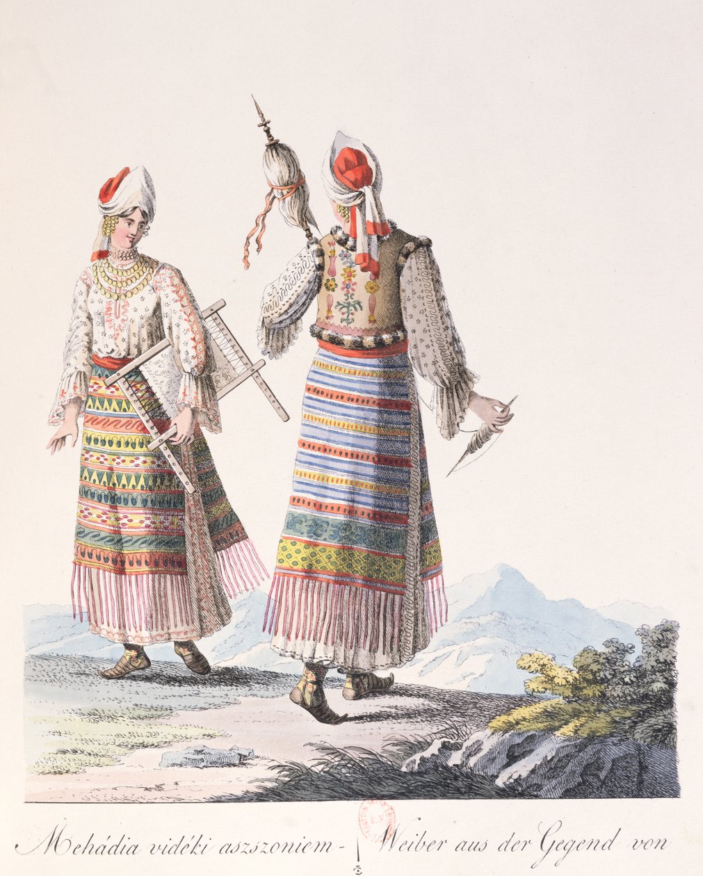 メハディア地方の伝統的な衣装を着た女性たち、JH de Bikkesy著「Courments de Hongrie」の本のイラスト、1810年（カラー彫刻） 作： オーストリア学派