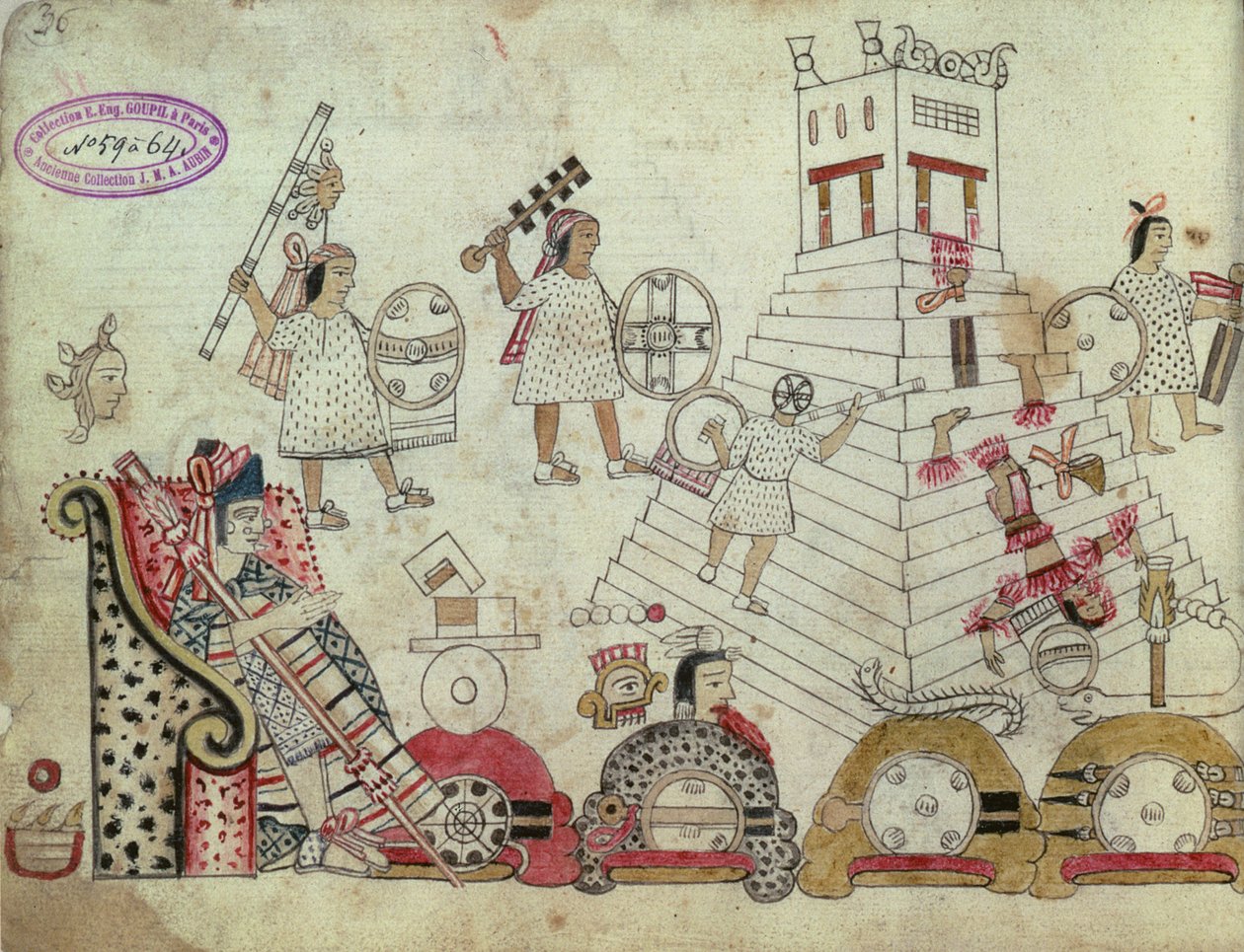 アステカのコーデックスから太陽の神に犠牲にされた戦争の囚人（征服後、1519年） 作： アステカ