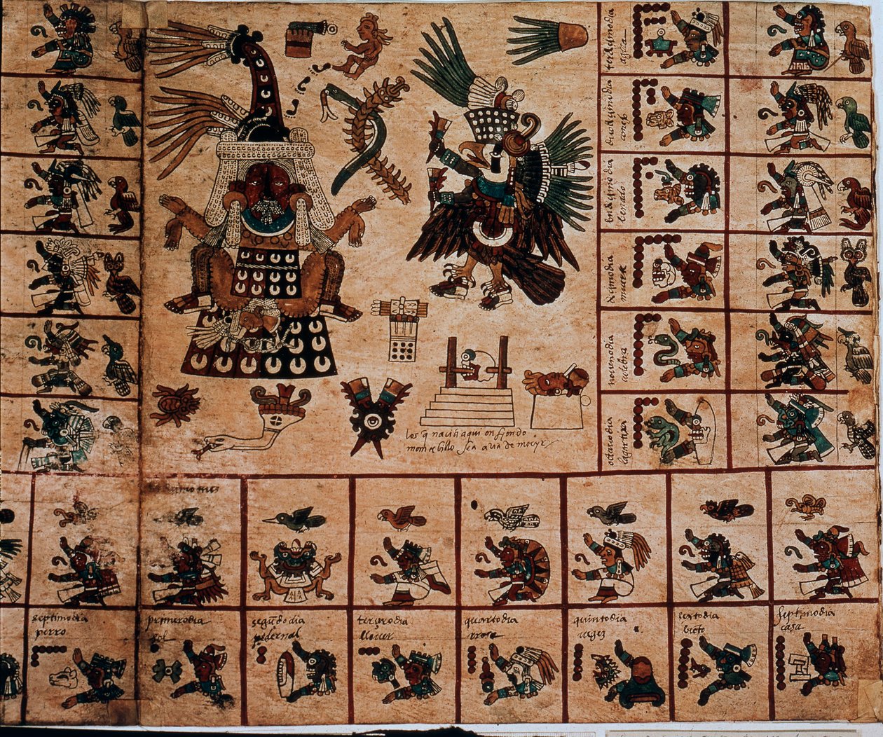 アステカの神々と暦に対応する箱を表現したもの。15世紀後半、メキシコ中央部のプレコロムビアの土着写本「ボルボニカス写本」の樹皮に描かれたアステカの写本のページ。国民議会図書館（パレ・ブルボン）。 作： アステカ