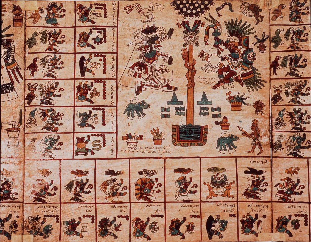 アステカの神々と暦に対応する箱を表現したもの。15世紀後半、メキシコ中央部のプレコロムビアの土着写本「ボルボニカス写本」の樹皮に描かれたアステカの写本のページ。国民議会図書館（パレ・ブルボン）。 作： アステカ