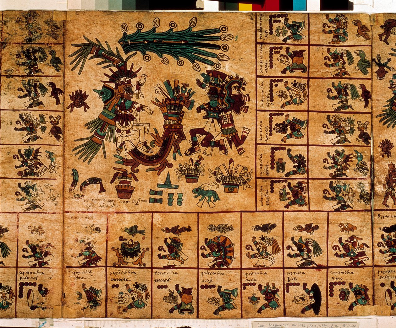 アステカの神々と暦に対応する箱を表現したもの。15世紀後半、メキシコ中央部のプレコロムビアの土着写本「ボルボニカス写本」の樹皮に描かれたアステカの写本のページ。国民議会図書館（パレ・ブルボン）。 作： アステカ