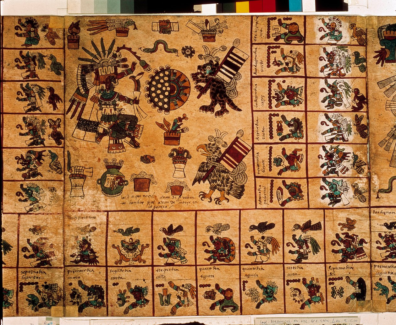 アステカの神々と暦に対応する箱を表現したもの。15世紀後半、メキシコ中央部のプレコロムビアの土着写本「ボルボニカス写本」の樹皮に描かれたアステカの写本のページ。国民議会図書館（パレ・ブルボン）。 作： アステカ