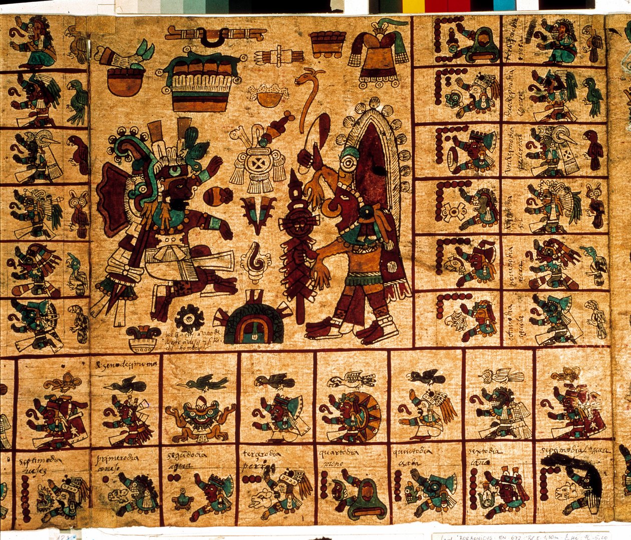 アステカの神々と暦に対応する箱を表現したもの。15世紀後半、メキシコ中央部のプレコロムビアの土着写本「ボルボニカス写本」の樹皮に描かれたアステカの写本のページ。国民議会図書館（パレ・ブルボン）。 作： アステカ
