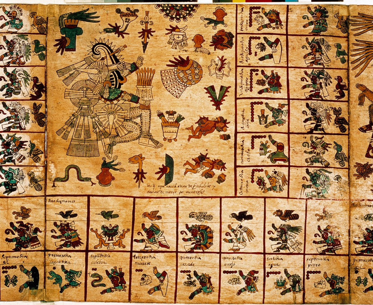 アステカの神々と暦に対応する箱を表現したもの。15世紀後半、メキシコ中央部のプレコロムビアの土着写本「ボルボニカス写本」の樹皮に描かれたアステカの写本のページ。国民議会図書館（パレ・ブルボン）。 作： アステカ